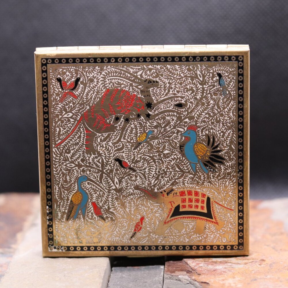 Vintage 1950s Volupte Powder Compact – Exotic Animal & Gold Foliate Design